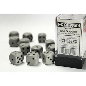 set 12 des d6 16mm opaque gris et noir chessex 